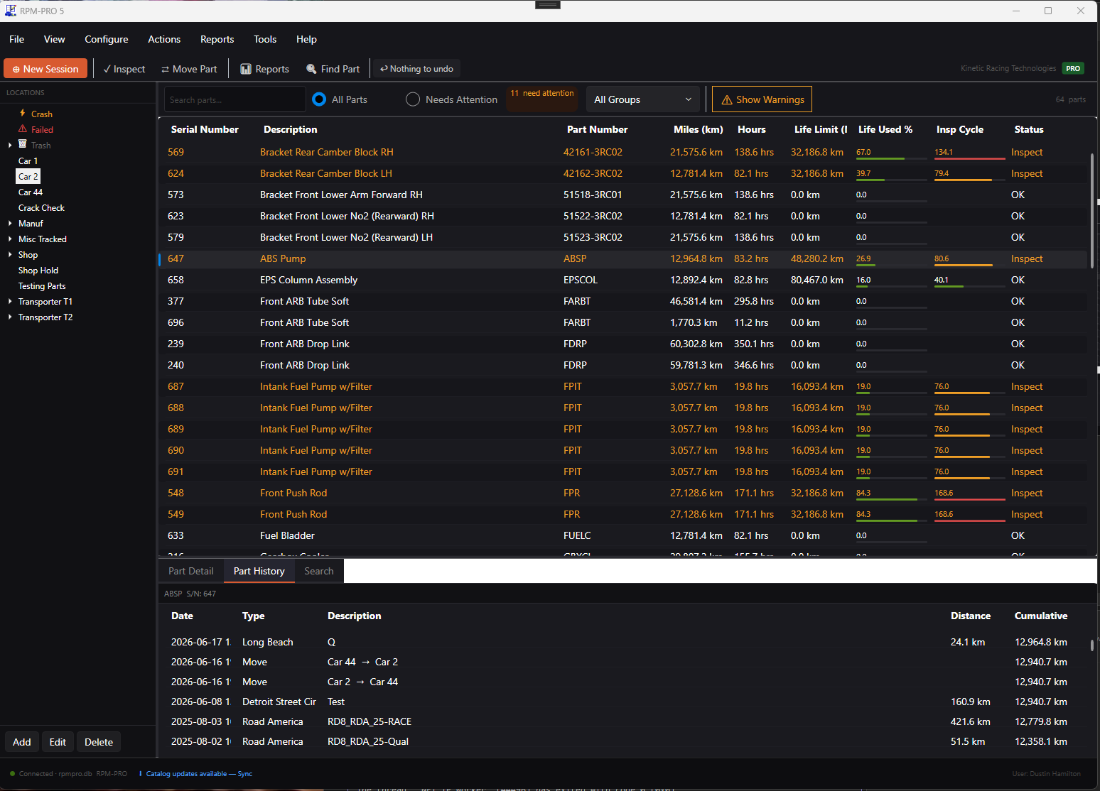 RPM-PRO inventory view — a serialized parts table showing accumulated miles, hours, life-used percentage, inspection cycle, and color-coded status for every component on the car.